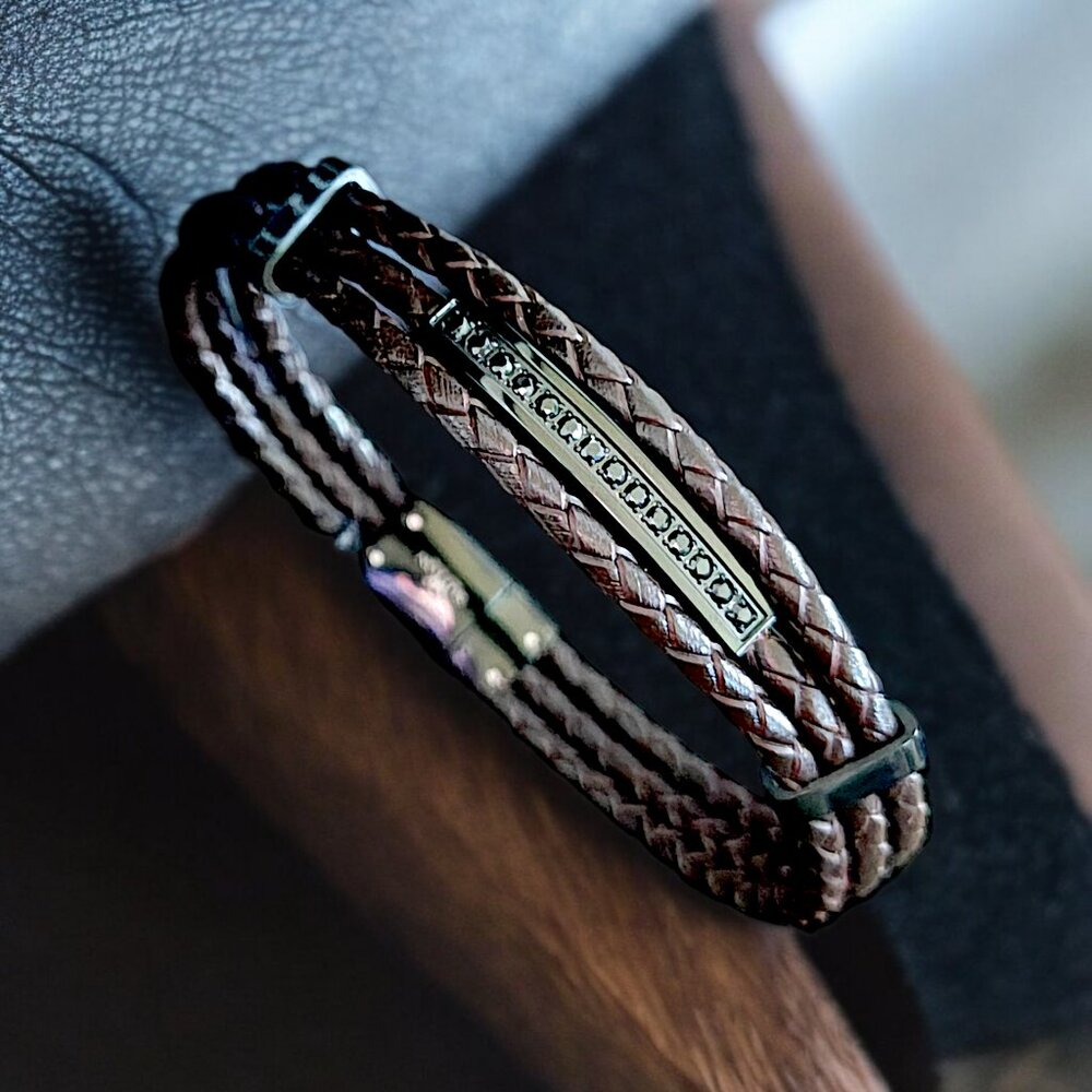 SUTTON Men's CZ Braided Leather Bracelet - Picture 2 of 3